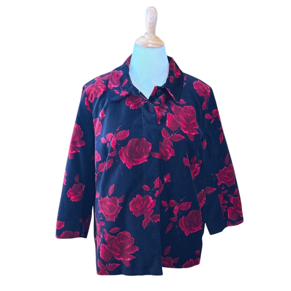 Talbots Woman Red Rose Floral Velvet Jacket Black Cotton Button Front 18W NWT